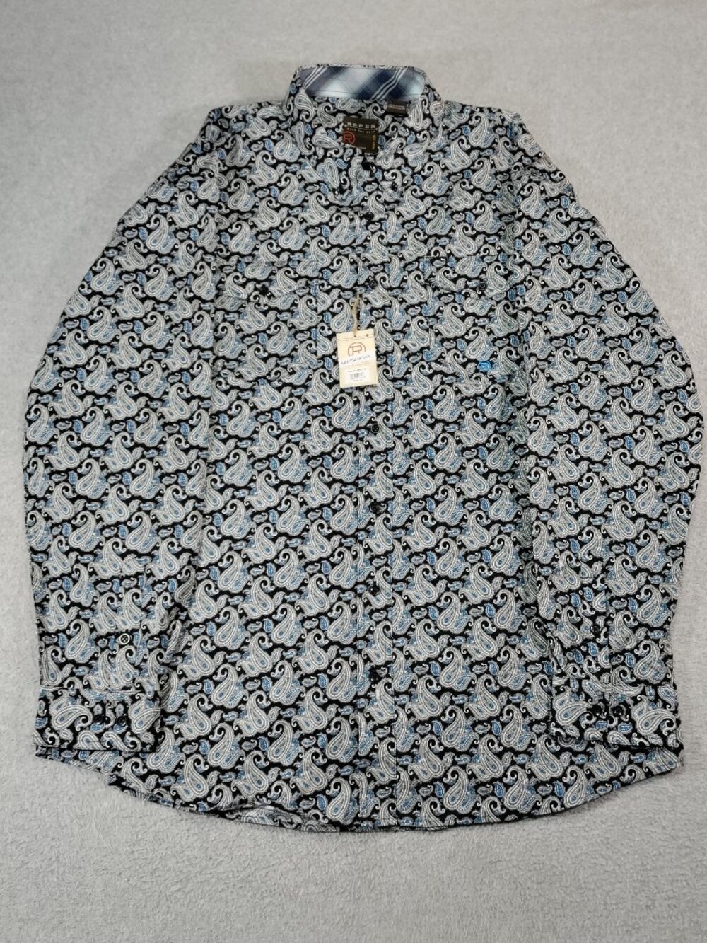 Roper Shirt Mens 2XL Black Blue White Paisley Long Sleeve Cotton NWT